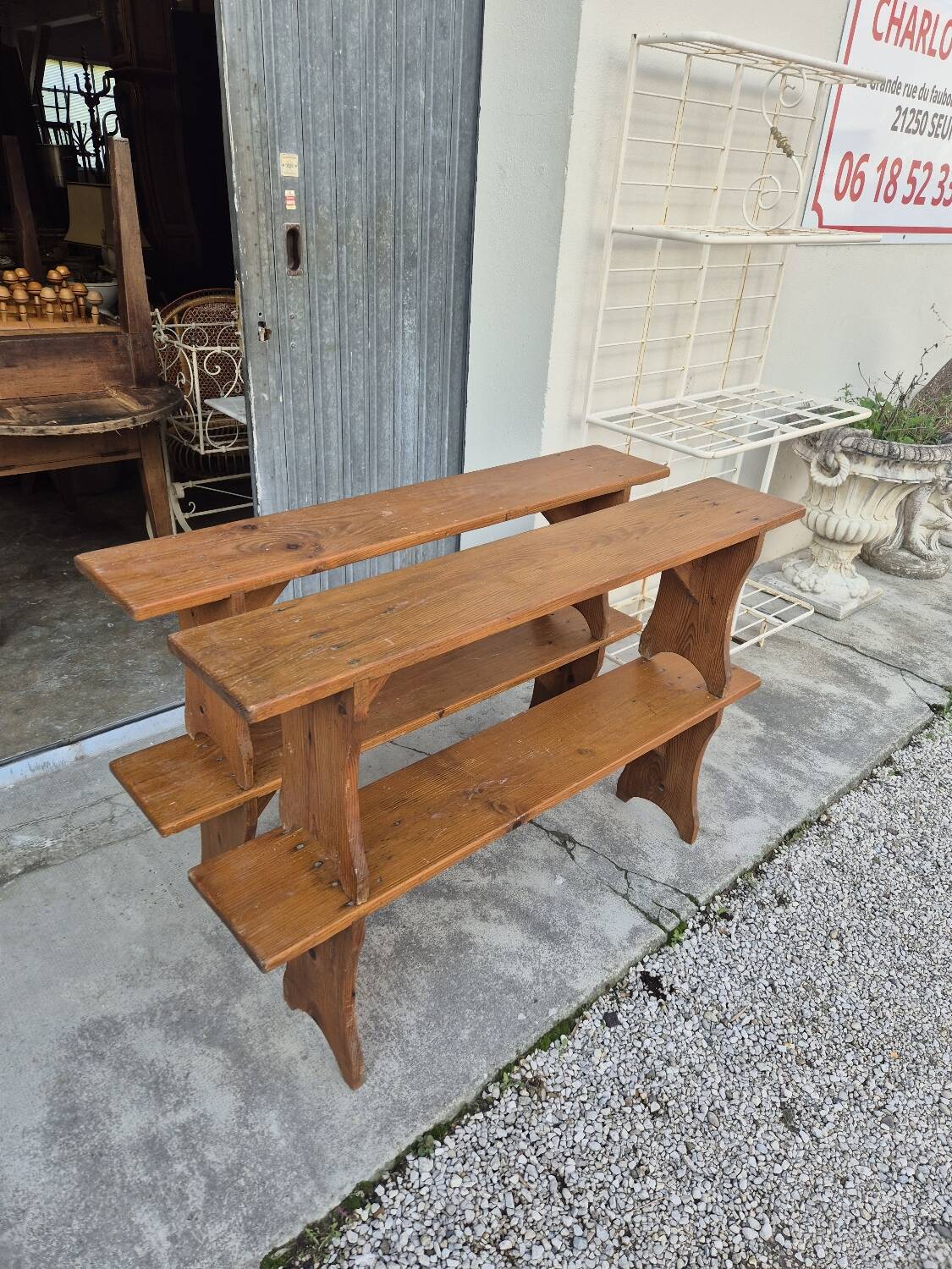 Set of 4 farm benches in old fir 1950s - 1m30