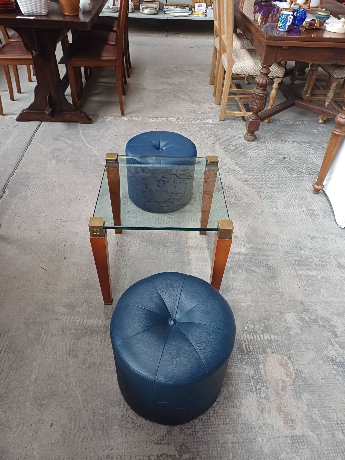 Modernist Design Side Table + 2 Blue Leather Poufs