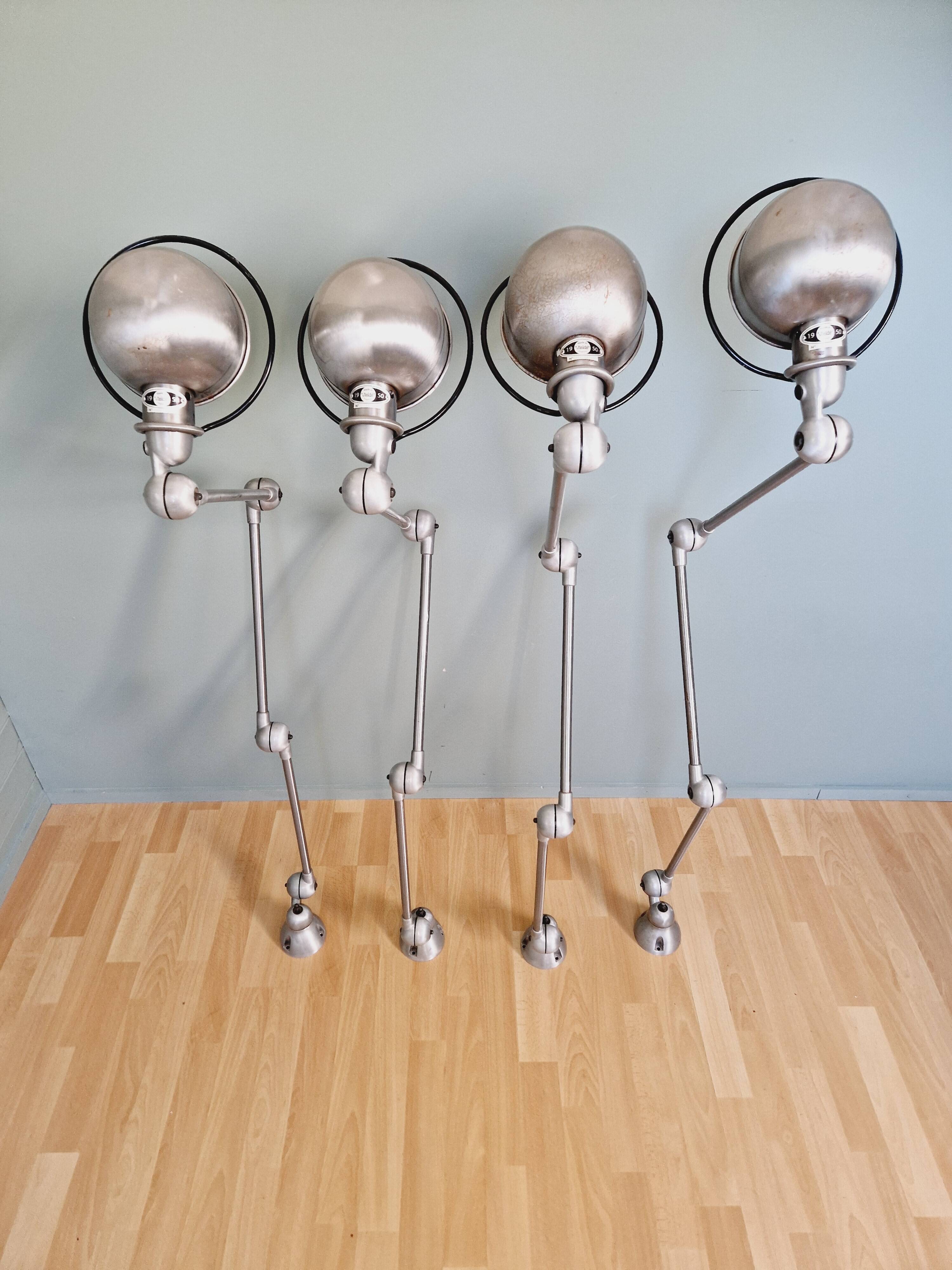 Set of 4 Jieldé industrial lamps in brushed steel, 3 arms