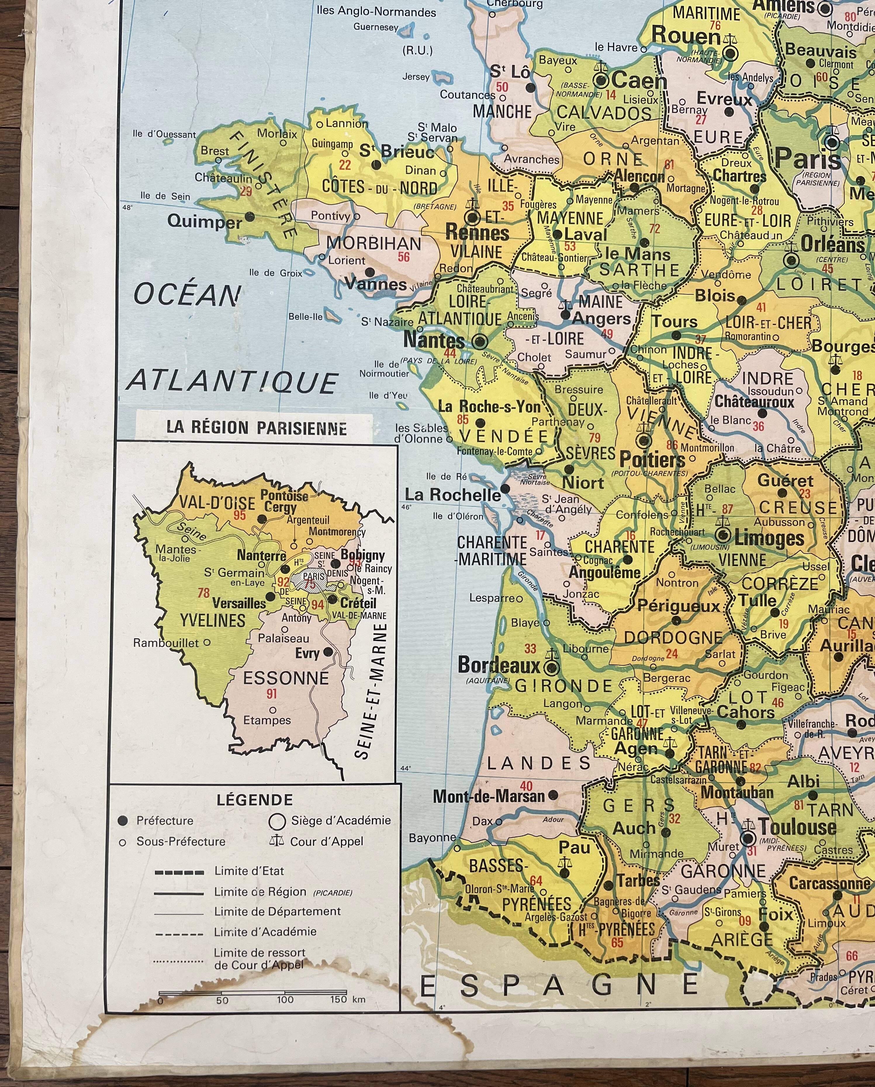 Old Vidal-Lablache map 301, 1950 - France, departments, rivers