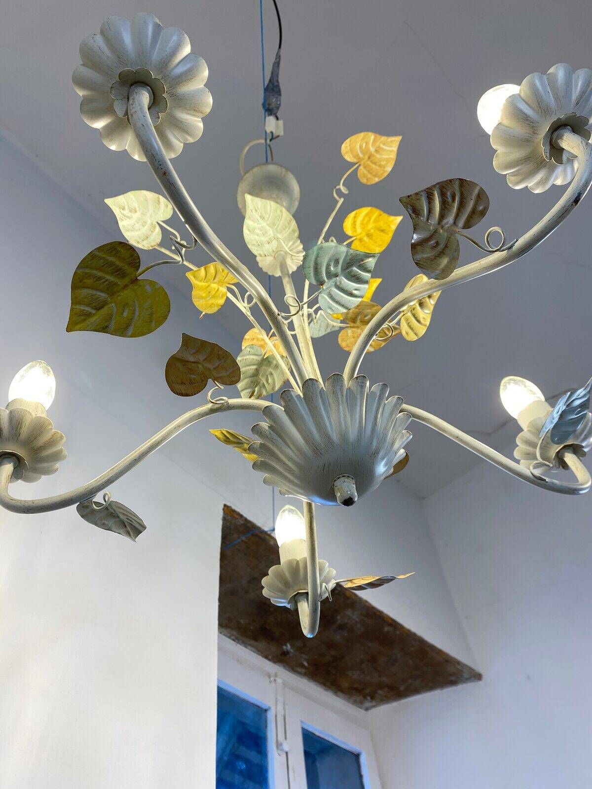 Vintage painted metal chandelier, foliage and flowers, 5 lights.