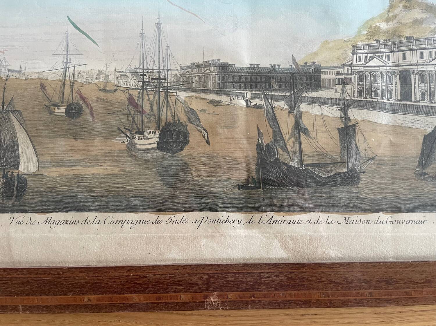 Antique color engraving, Compagnie des Indes de Pontichery