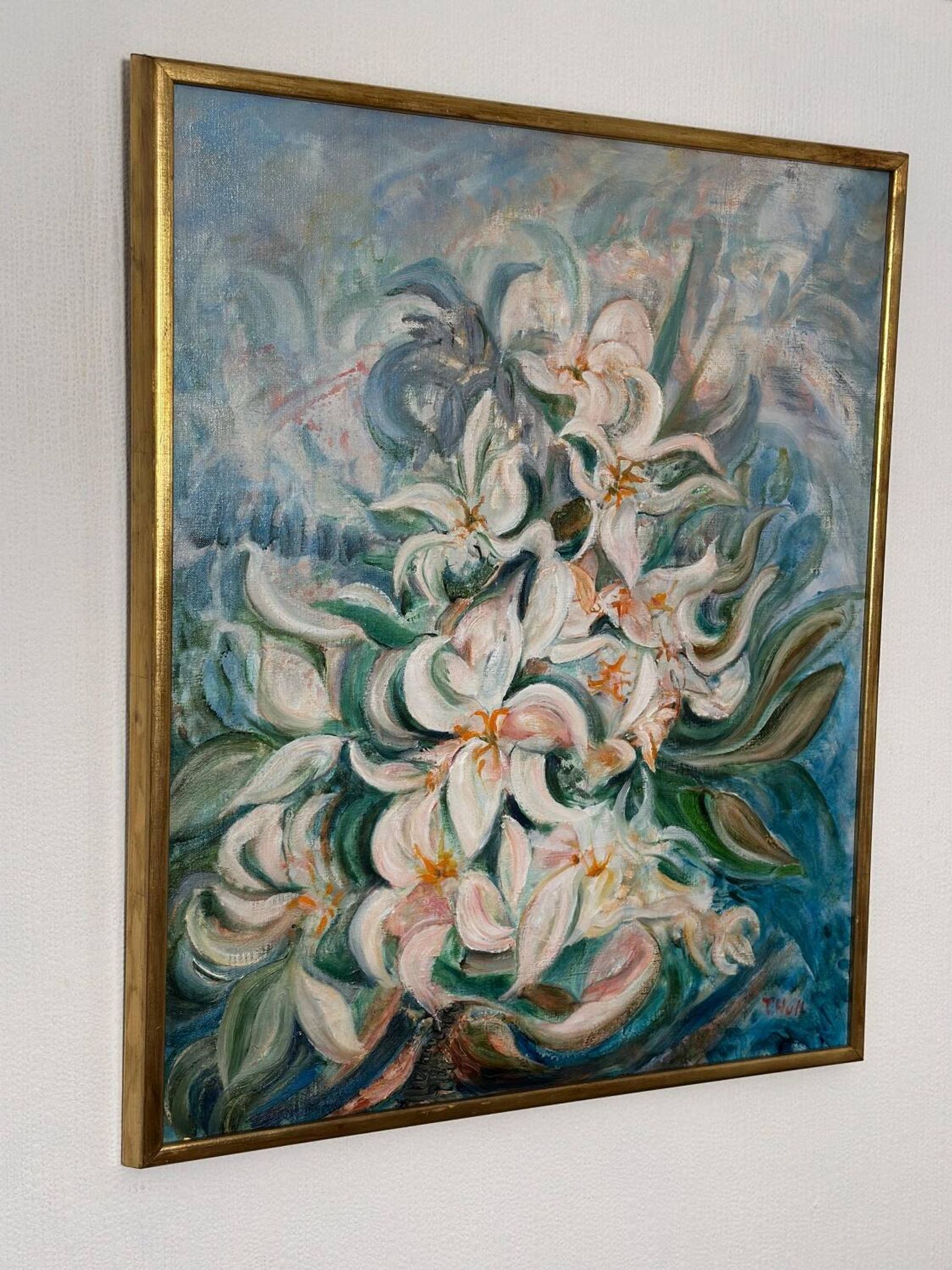Mid Century Swedish Oil on Canvas – “White Lilies” by Torsten Hult