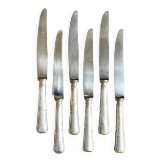 6 silver-plated metal knives with hollow and hammered handles.