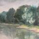 Oil painting on canvas, "Tree-lined Riverbank," signed, 20th century