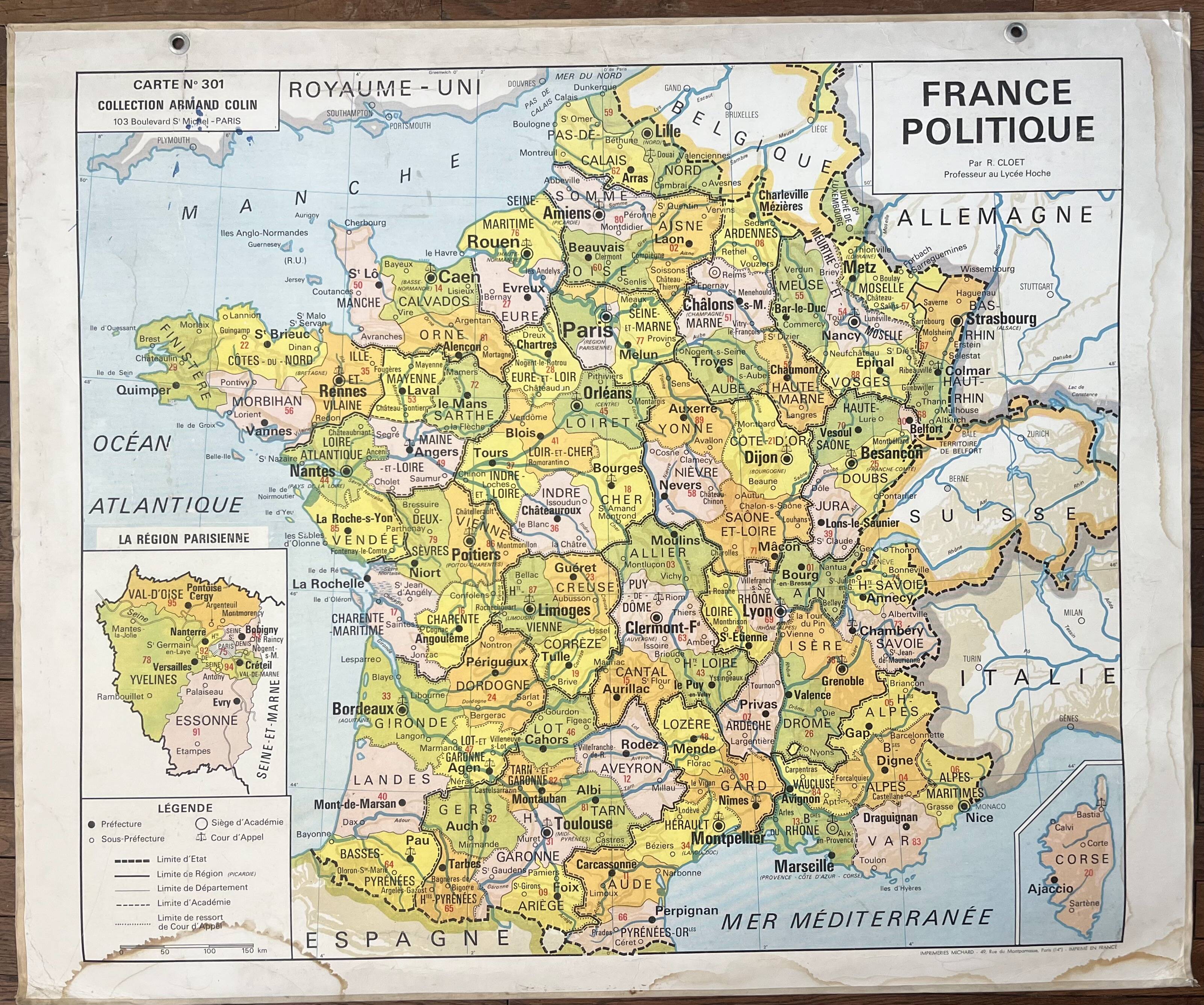 Old Vidal-Lablache map 301, 1950 - France, departments, rivers