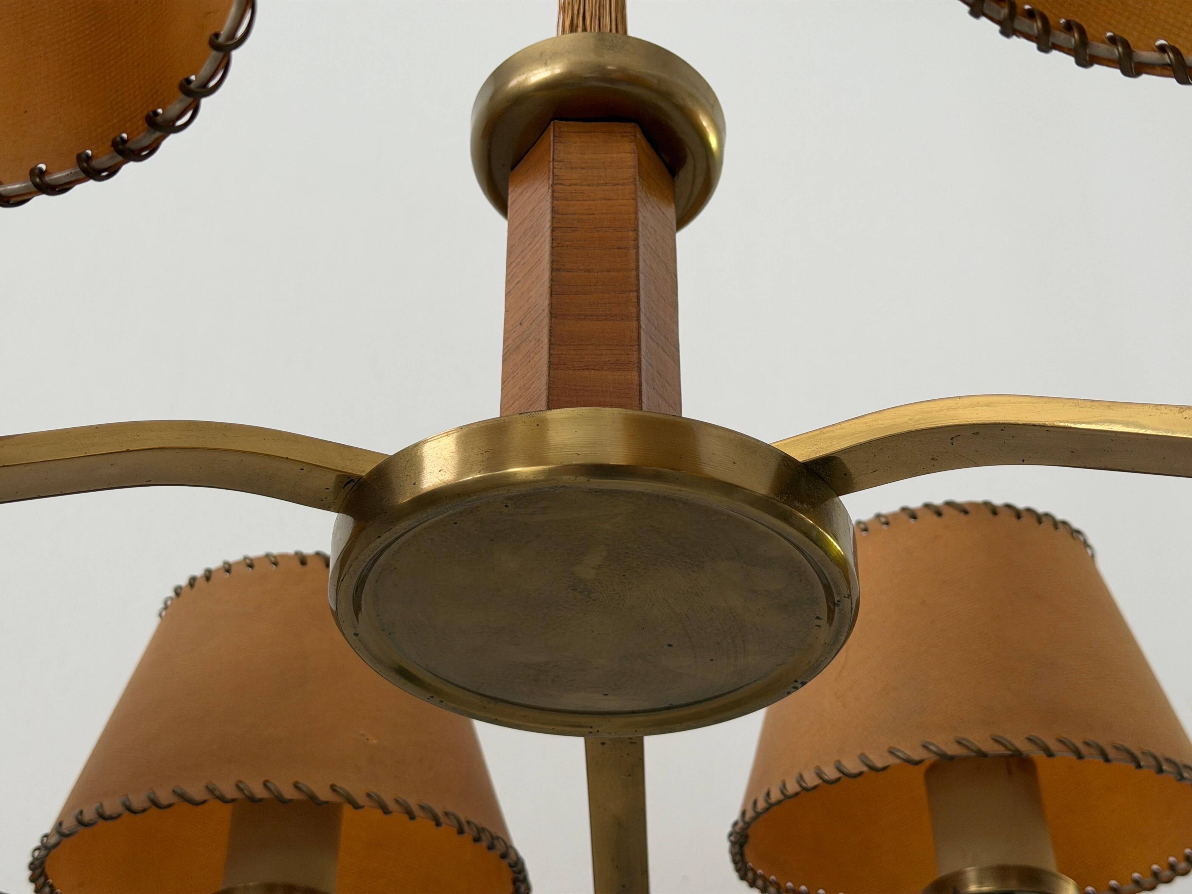 6 wooden paper head chandeliers with brass details, 1960s, Germany
