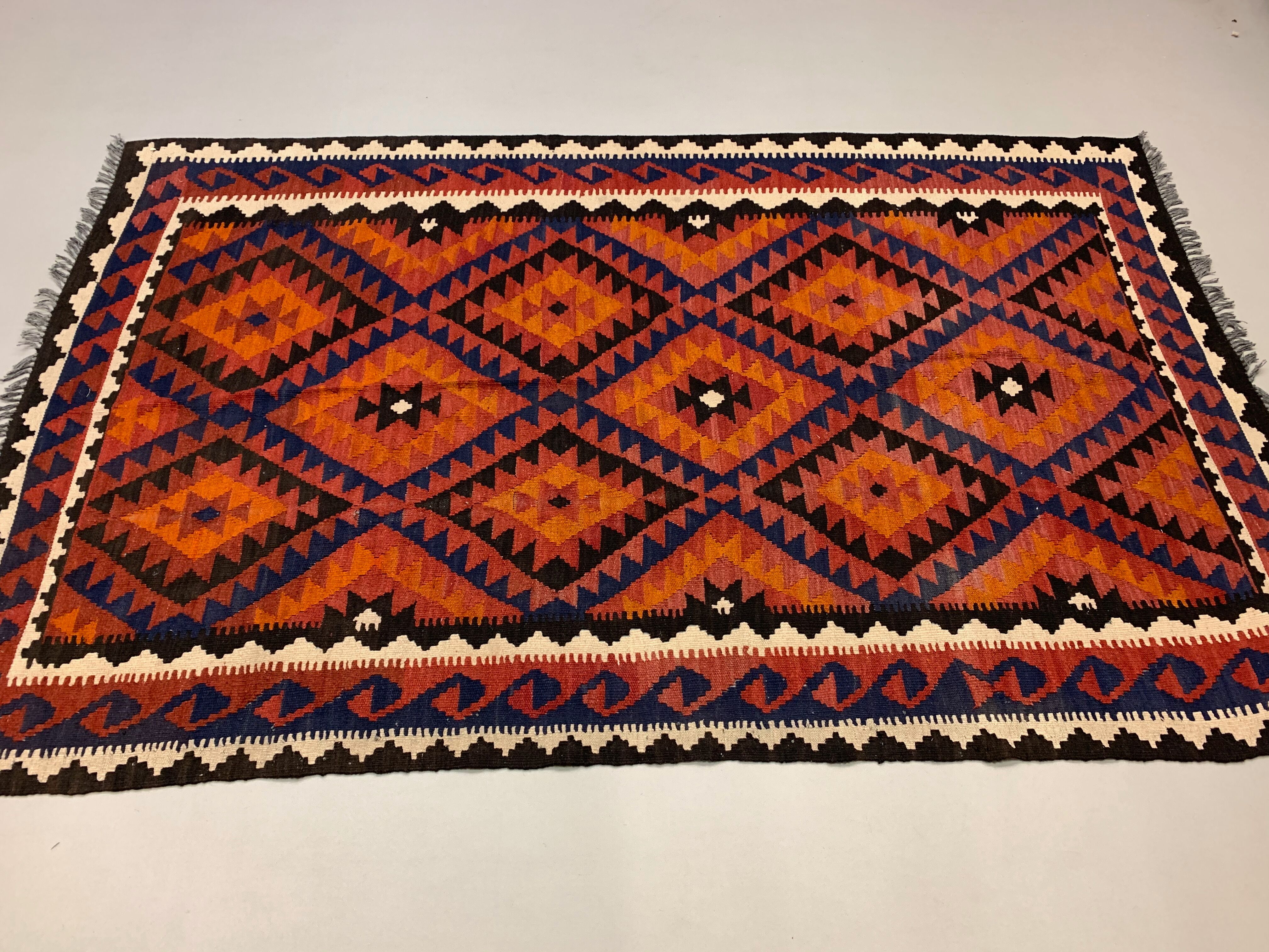 Vintage Afghan Tribal Kilim Wool Rug 252x154 cm Red, Orange, Brown, Black Large