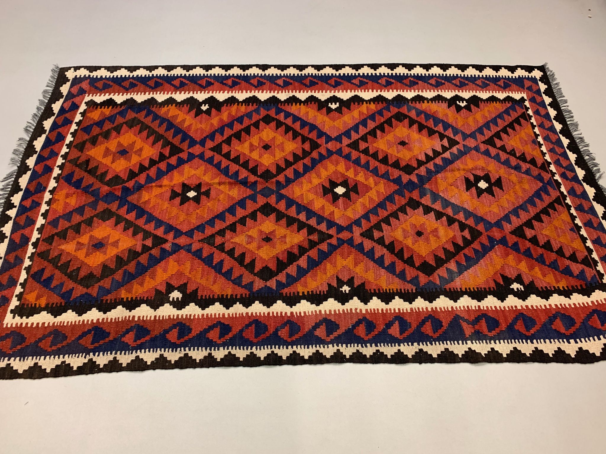 Vintage Afghan Tribal Kilim Wool Rug 252x154 cm Red, Orange, Brown, Black Large
