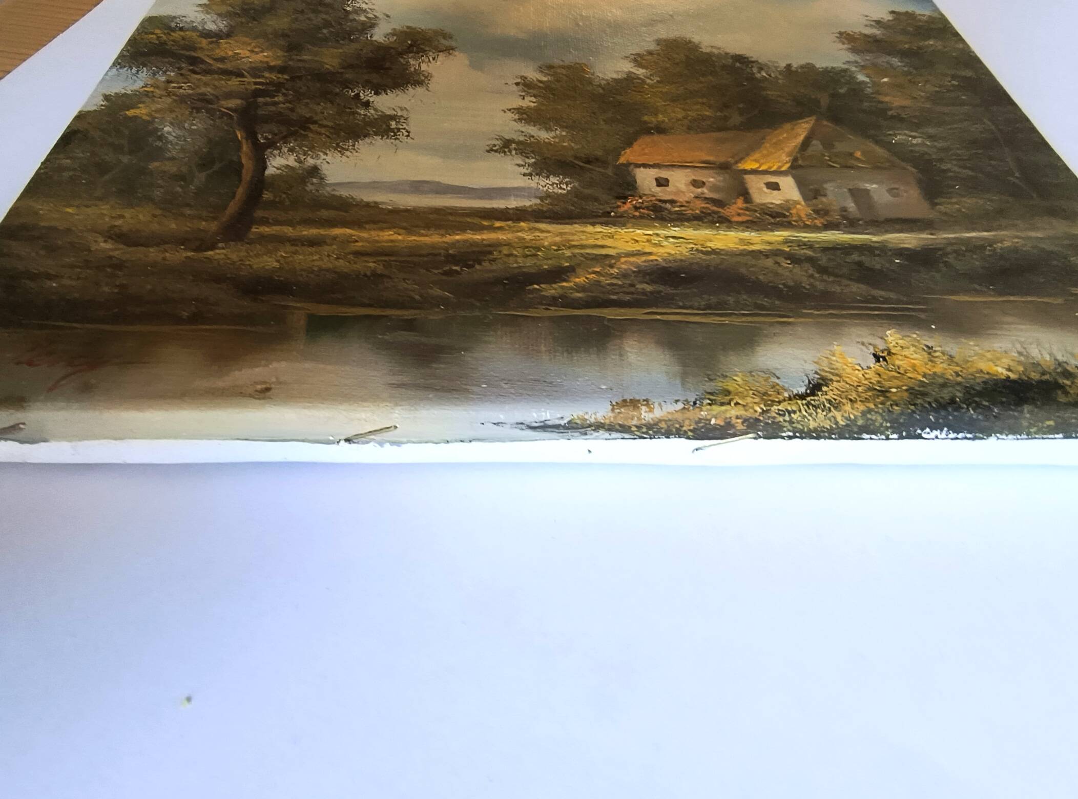 Antique painting signed "Percy" - House by the pond - oil on canvas