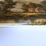 Antique painting signed "Percy" - House by the pond - oil on canvas