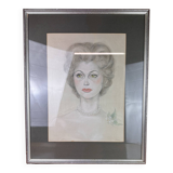 Maria Elisabeth Wrede: superb colorized drawing around 1950, the woman with the pearl necklace
