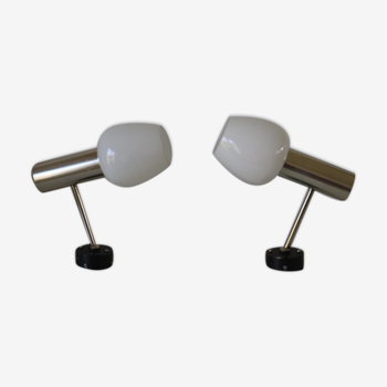 Pair of opaline wall lamps and chrome-plated metal