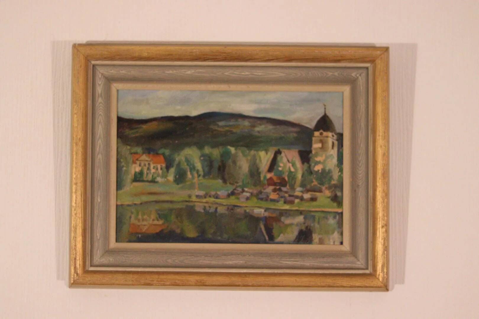 Original Swedish Oil on Panel – “Rural Village” by Astrid J – Vintage
