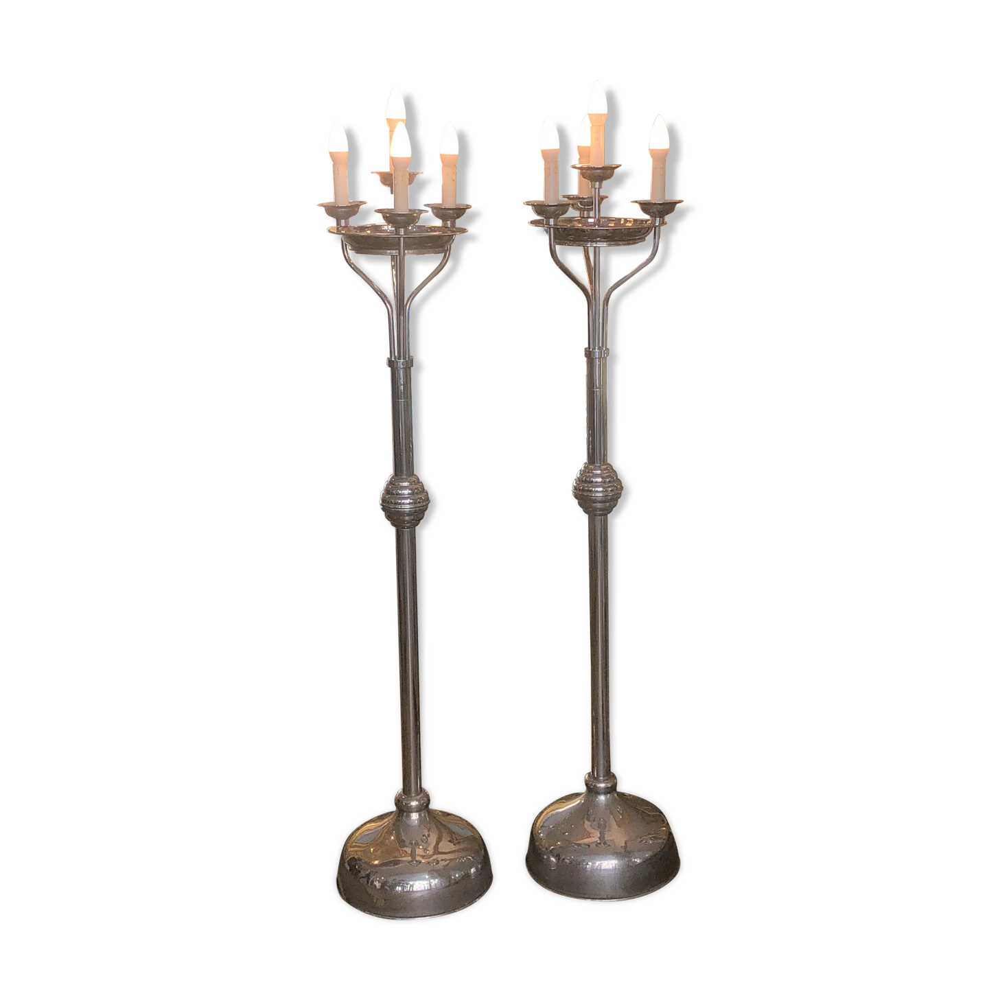 Pair of chrome metal flashlights, circa 1970, 8 lights, 160 cm