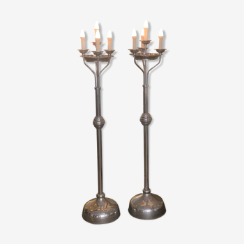 Paire de lampadaires torchères en métal chromé, vers 1970, 8 feux, 160 cm