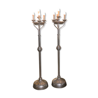 Paire de lampadaires torchères en métal chromé, vers 1970, 8 feux, 160 cm