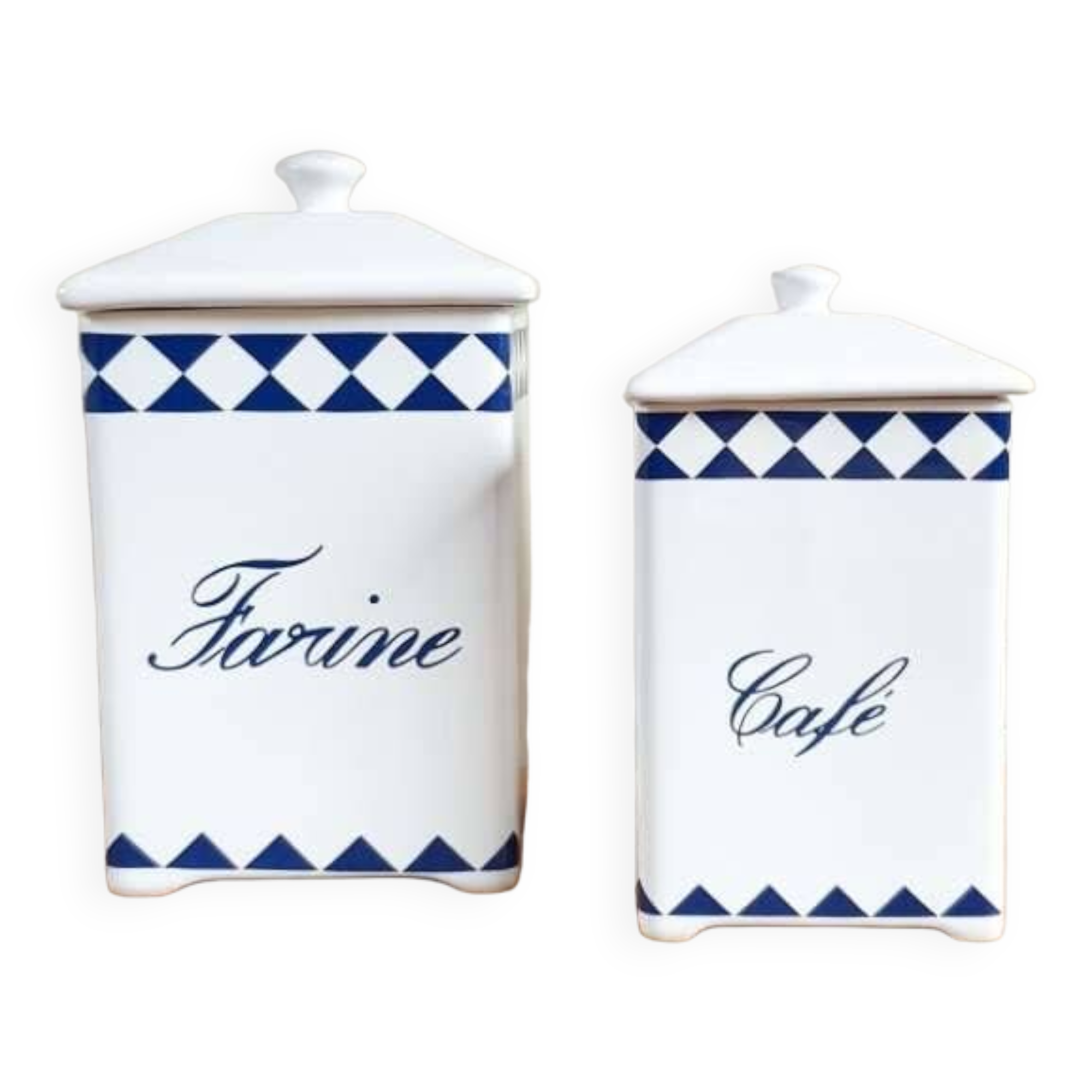 Blue and white flour and sugar food boxes