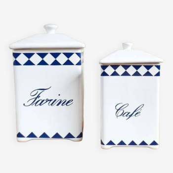 Blue and white flour and sugar food boxes