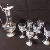 Set of 6 crystal and pewter wine glasses and ewer carafe from France