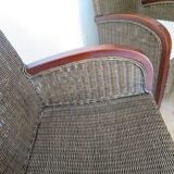2 armchairs in woven rattan and wood, 1980s