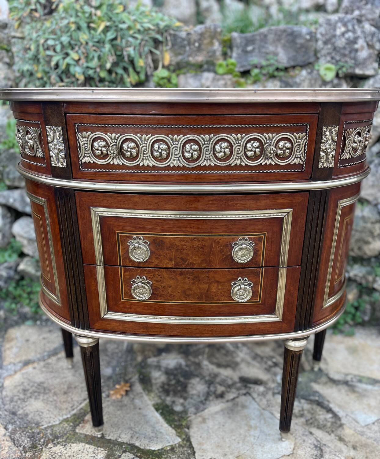 Louis XVI style mahogany and gilded bronze chest of drawers, 20th century