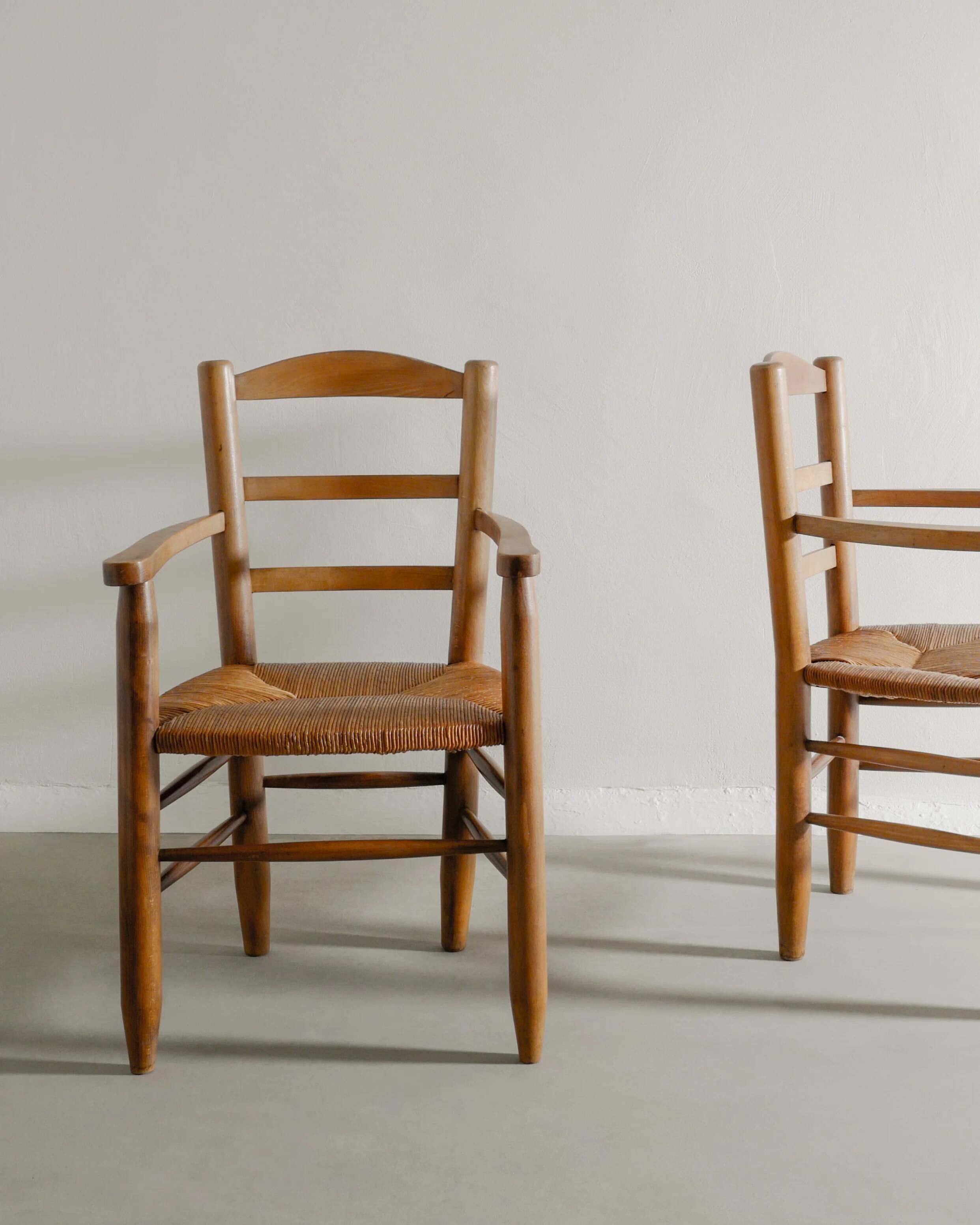 Vintage French Mid Century Wooden Armchairs in Elm & Rattan, 1950s