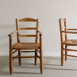 Vintage French Mid Century Wooden Armchairs in Elm & Rattan, 1950s