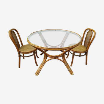 Ensemble table a manger en rotin et verre avec 2 chaise en rotin cannage