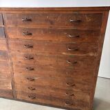 Large wooden workshop cabinet with 16 drawers, antique from the early 1900s.