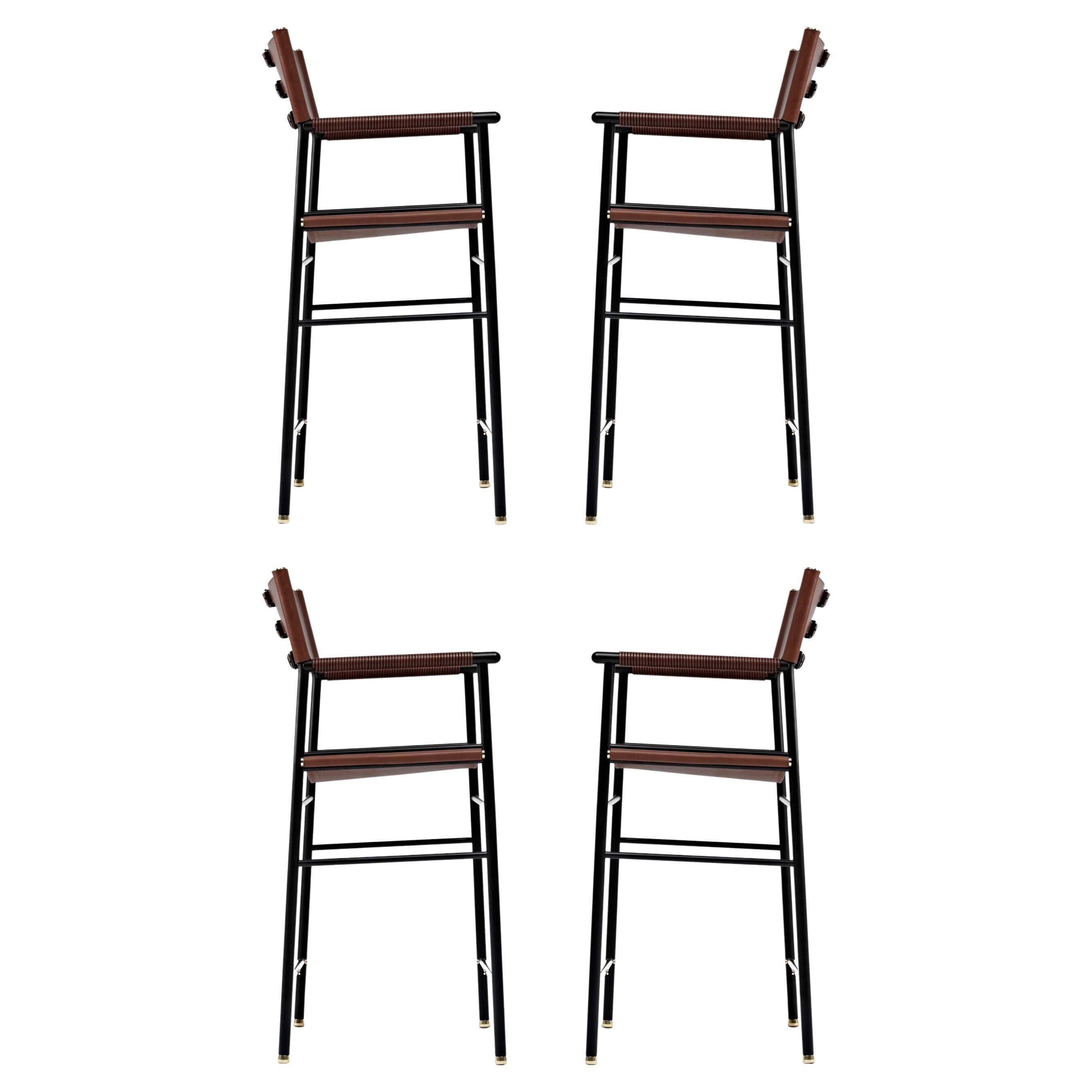 Set of 4 bar stools with backrest, dark brown leather and black metallic rubber.
