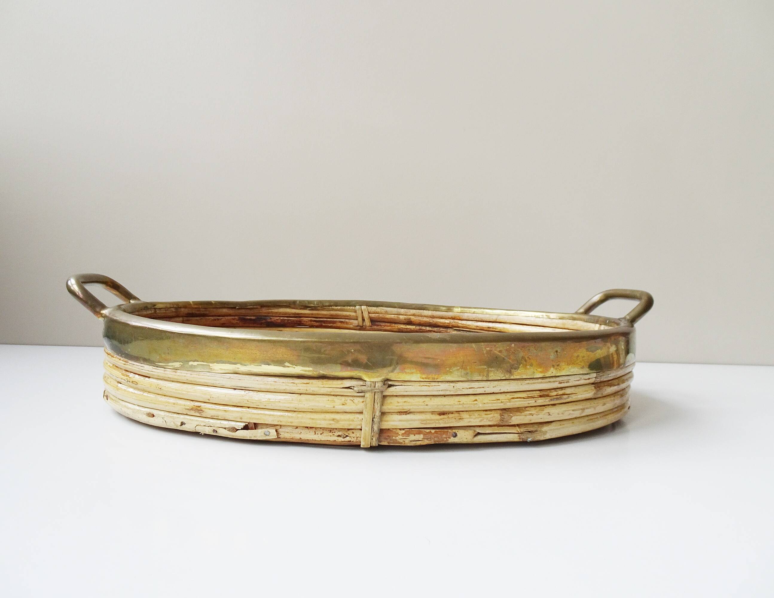 Rattan and brass tray, Gabriella Crespi style serving tray ​