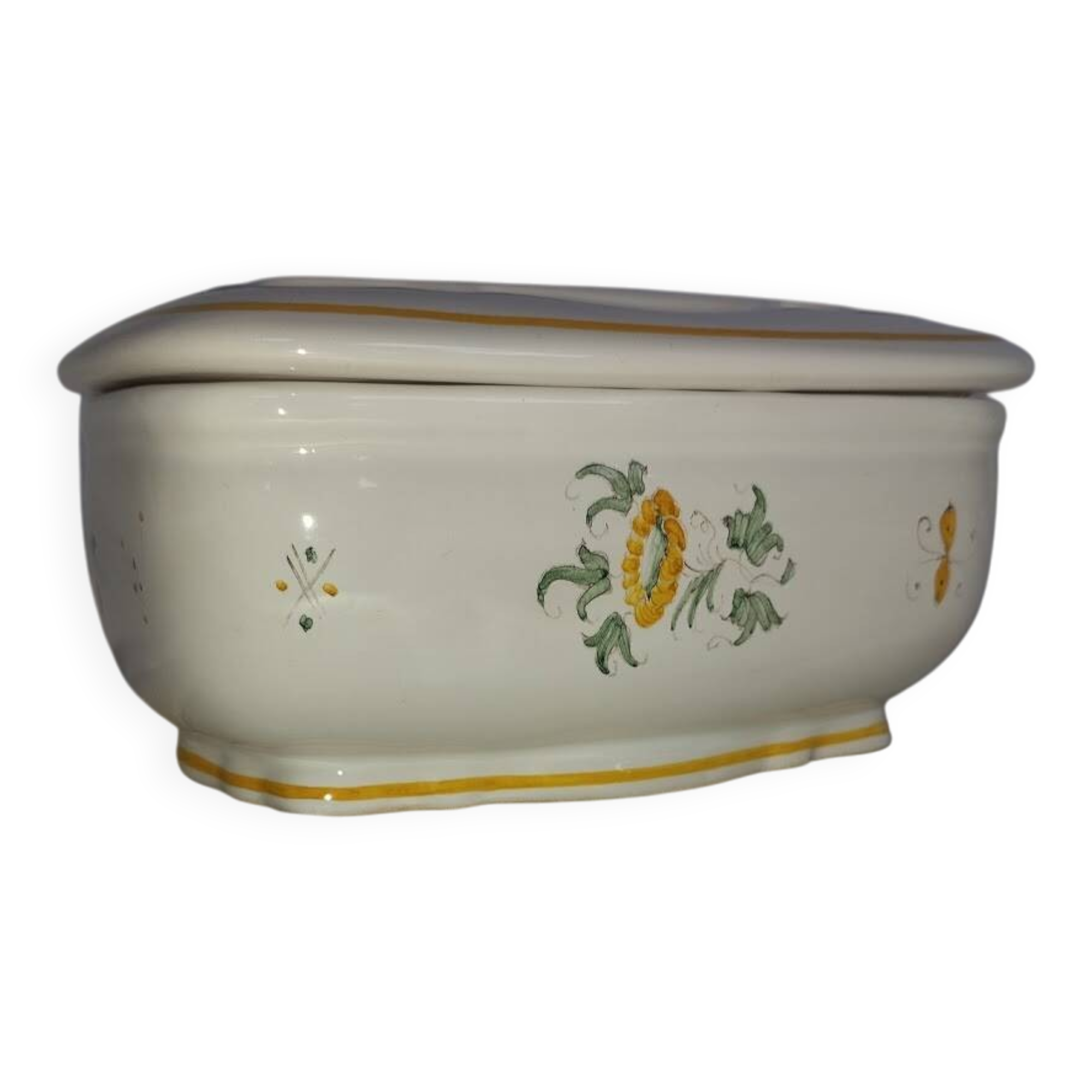 Antique butter dish in faience – Bird decoration – Late 19th / early 20th century