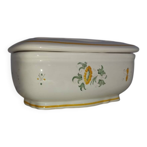 Beurrier ancien en faïence – Décor oiseau – Fin XIXe / début XXe