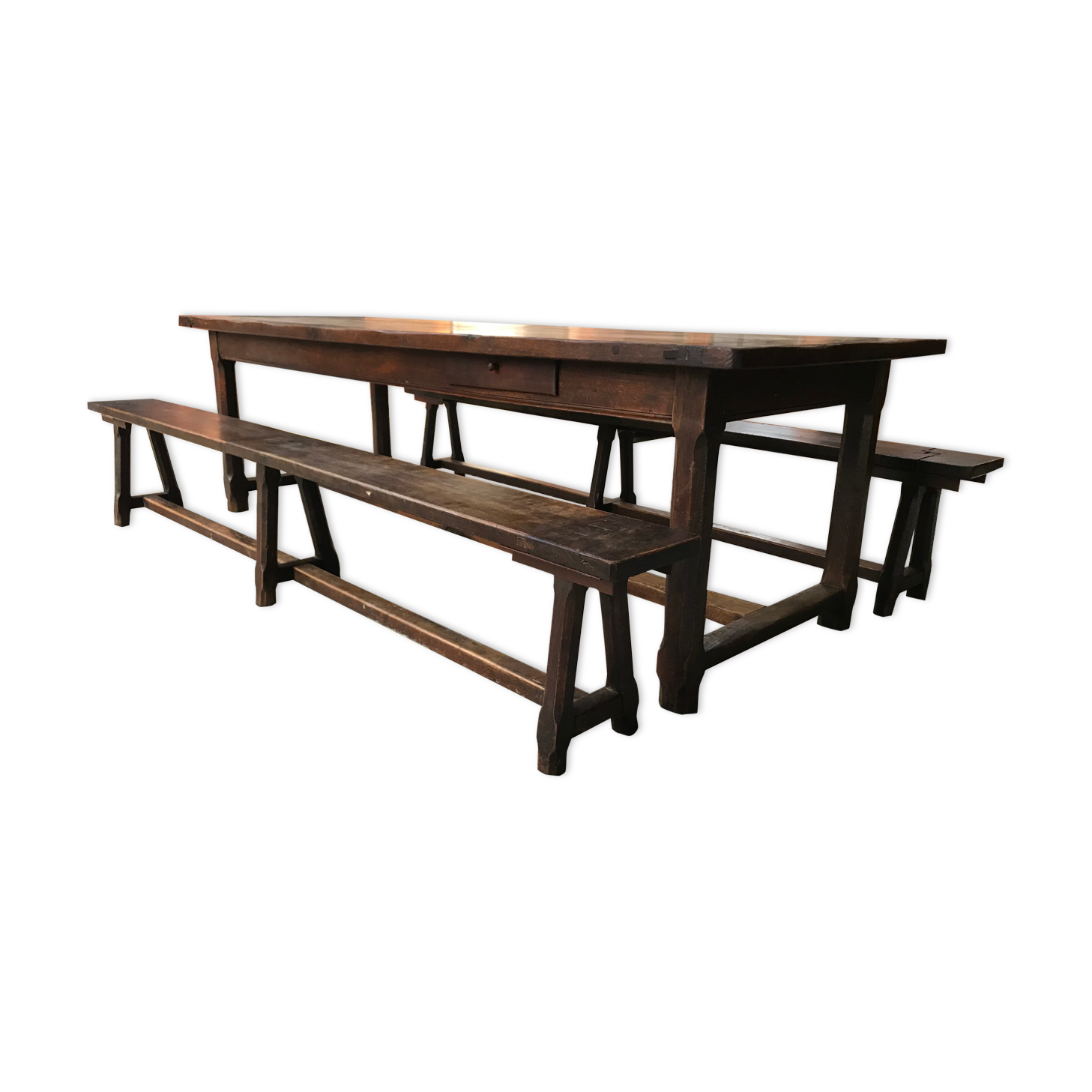 Farm table and two oak benches 19th
