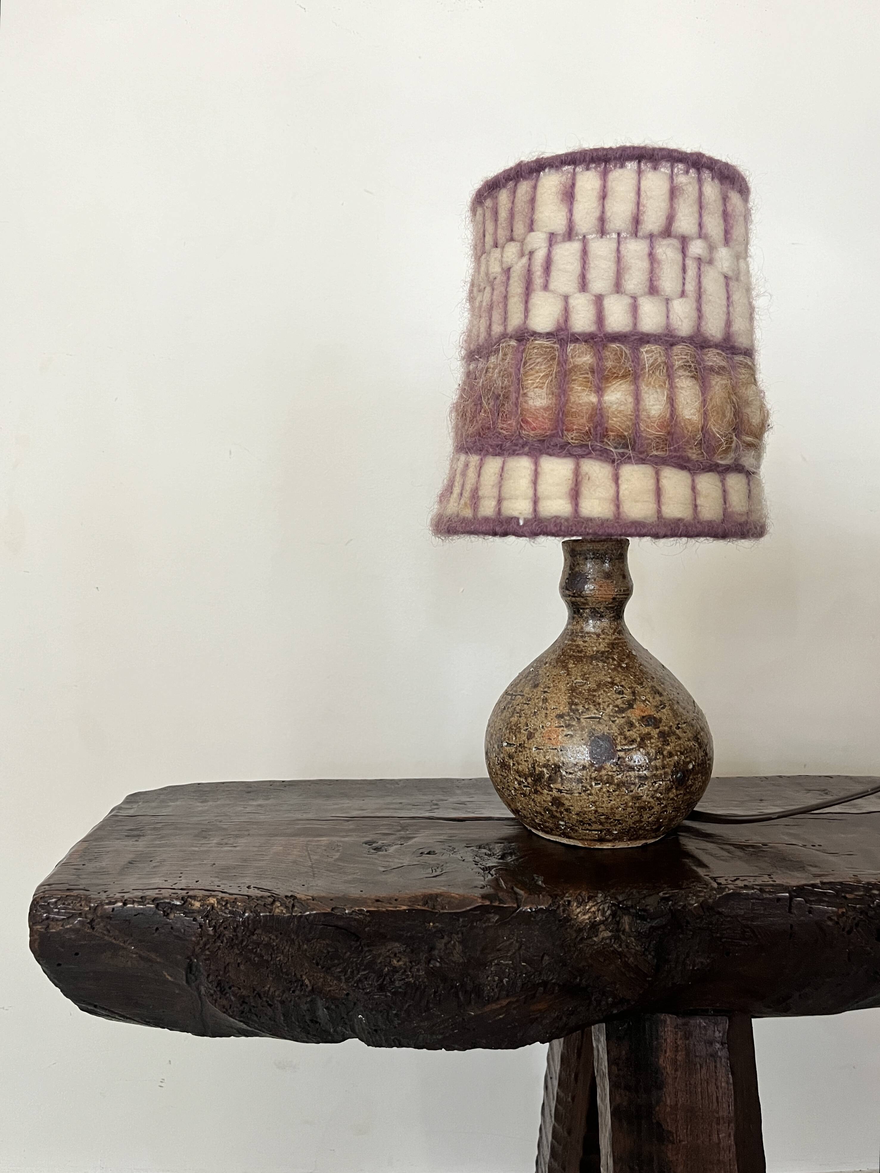 vintage lamp in pyrite sandstone and wool lampshade, La borne 1970