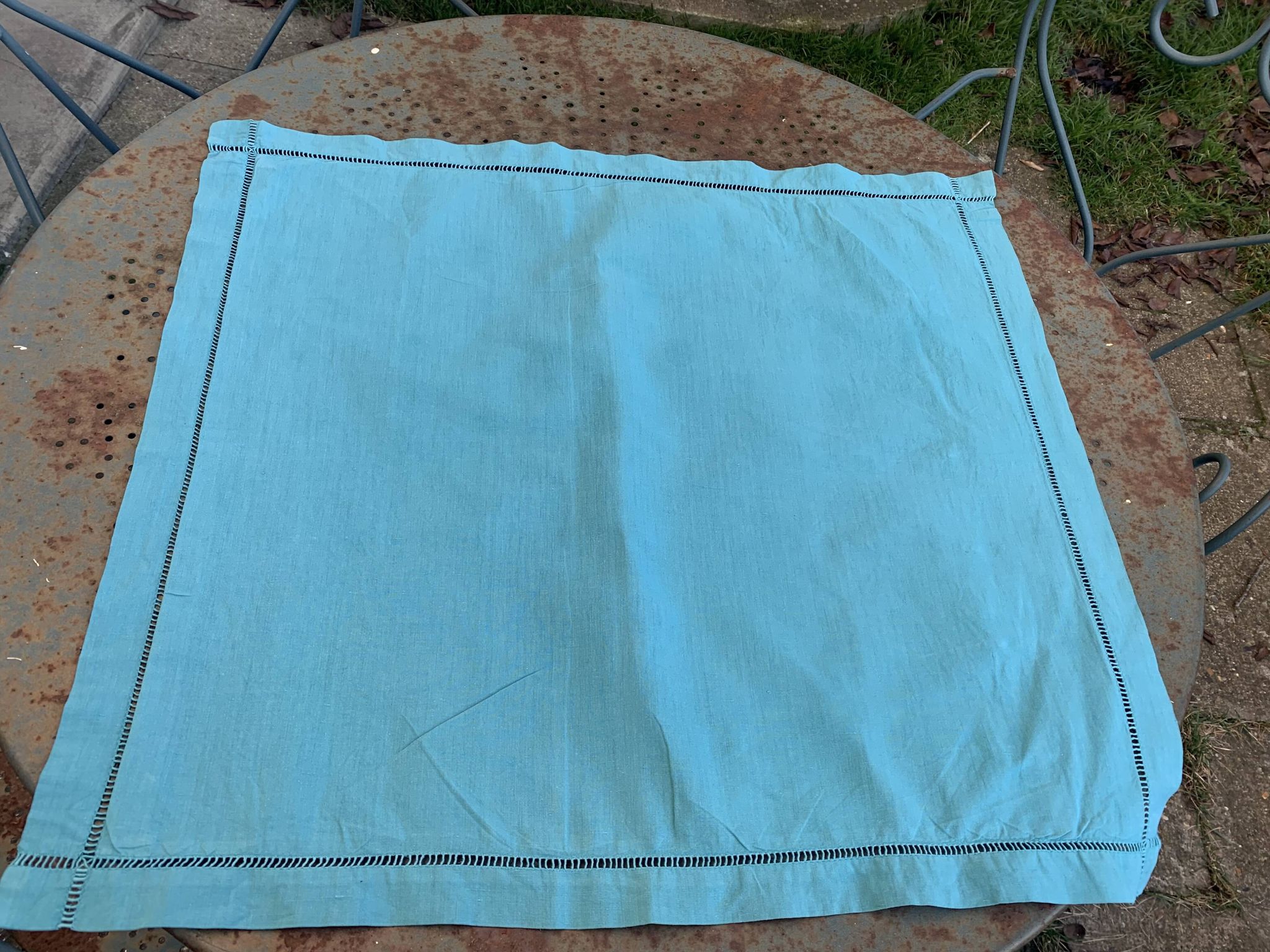Large pillowcase, cotton linen, emerald blue tinted, border with openings, old