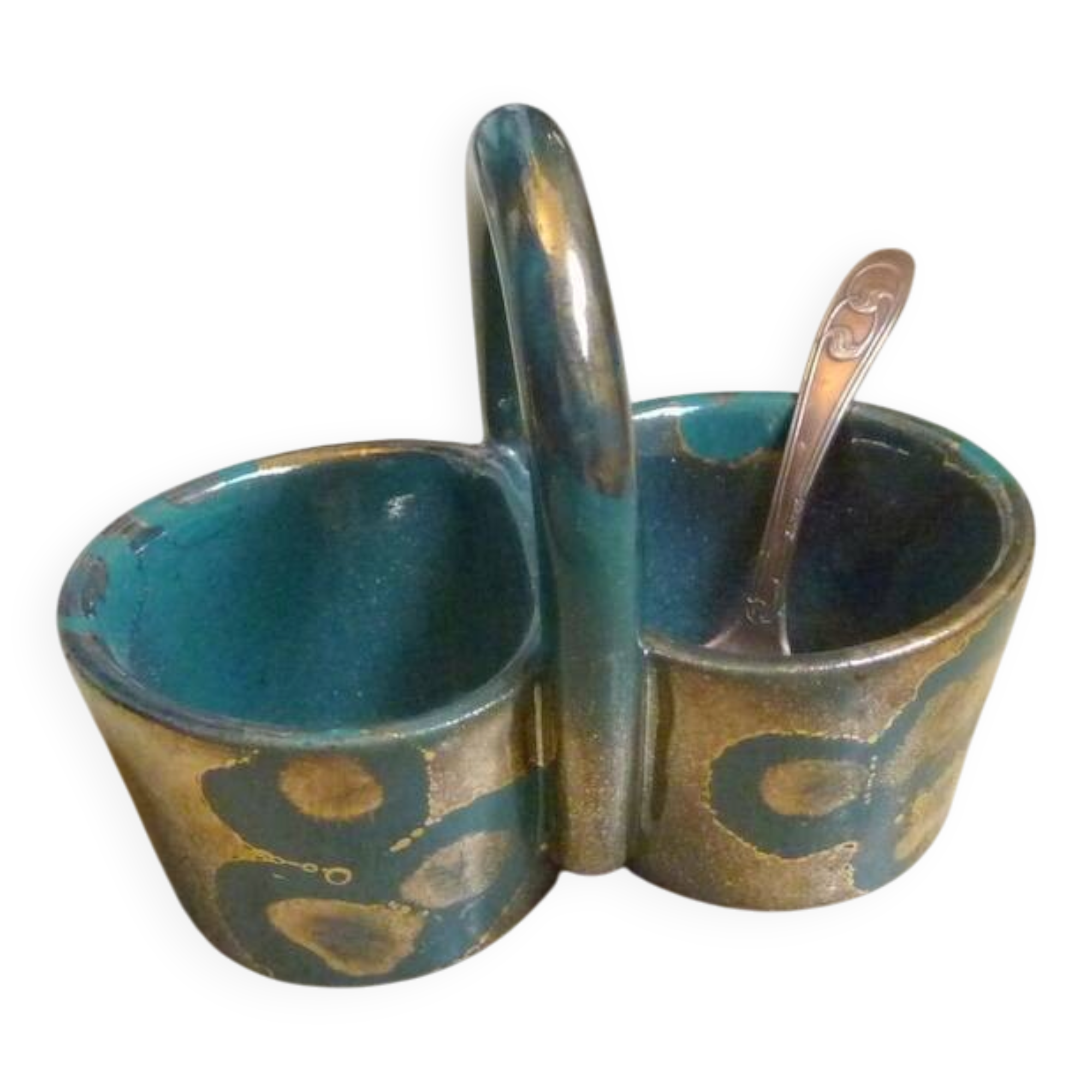 Salt and pepper shaker in gres Artceram Art Nouveau basket shape with spoon.