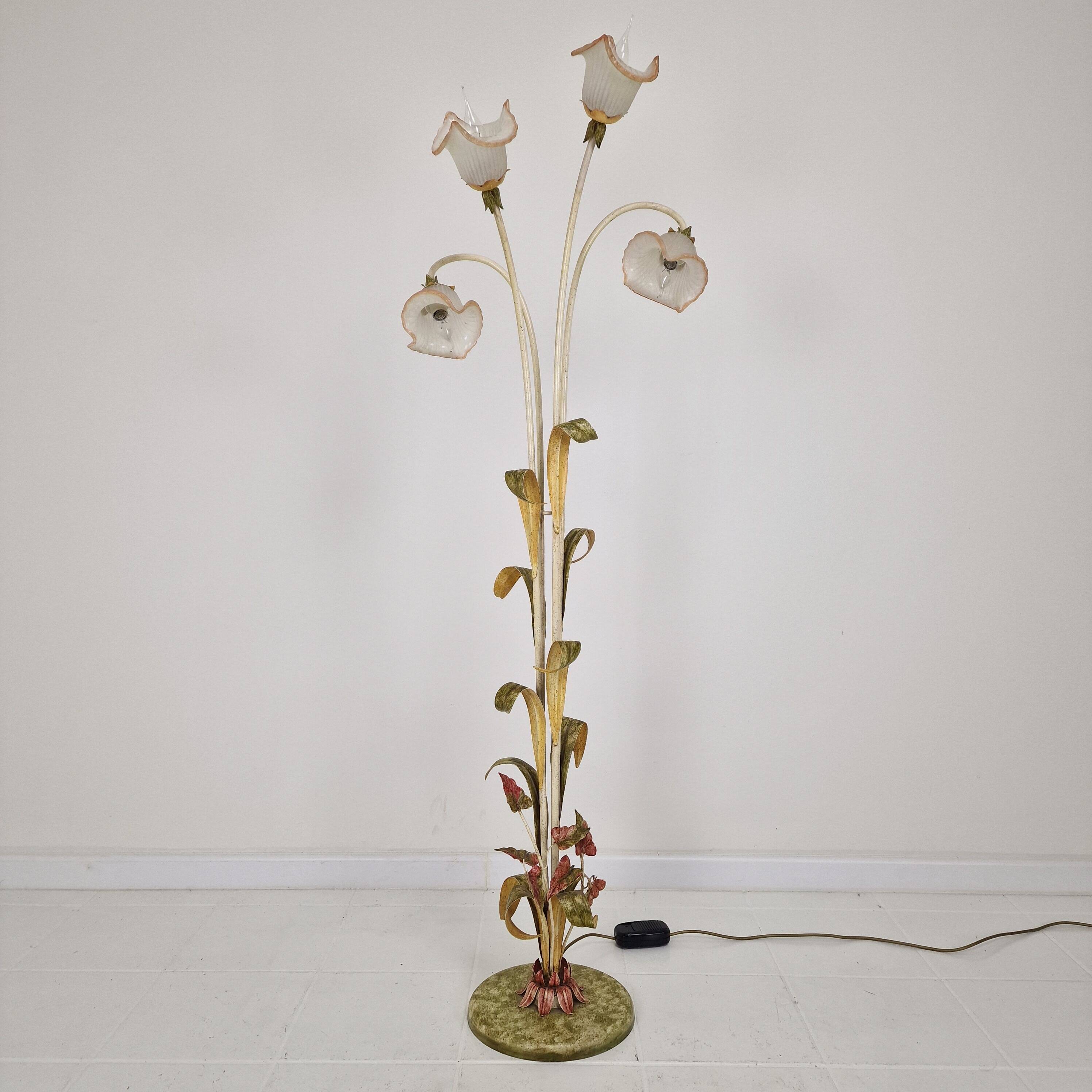 Italian Floor Lamp with Metal Stems, Leaf Details and Murano Glass Flowers