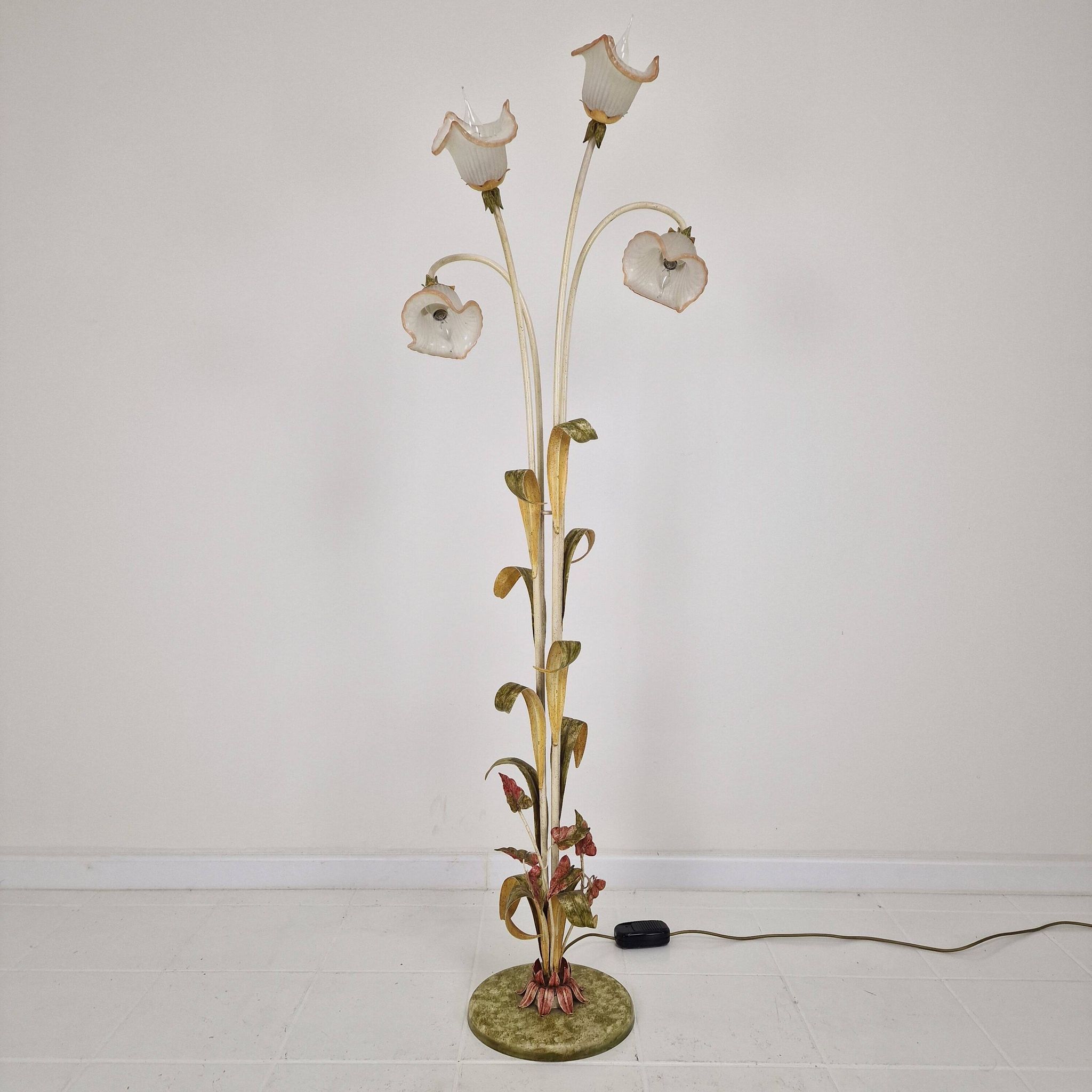 Italian Floor Lamp with Metal Stems, Leaf Details and Murano Glass Flowers