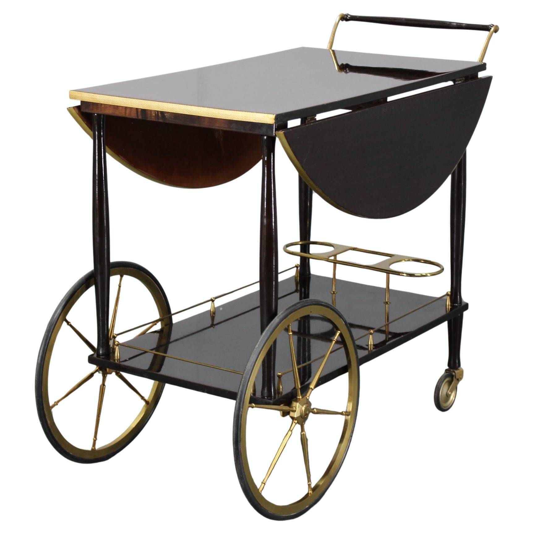 Italian mid-century bar cart with folding leaves, brass and wood