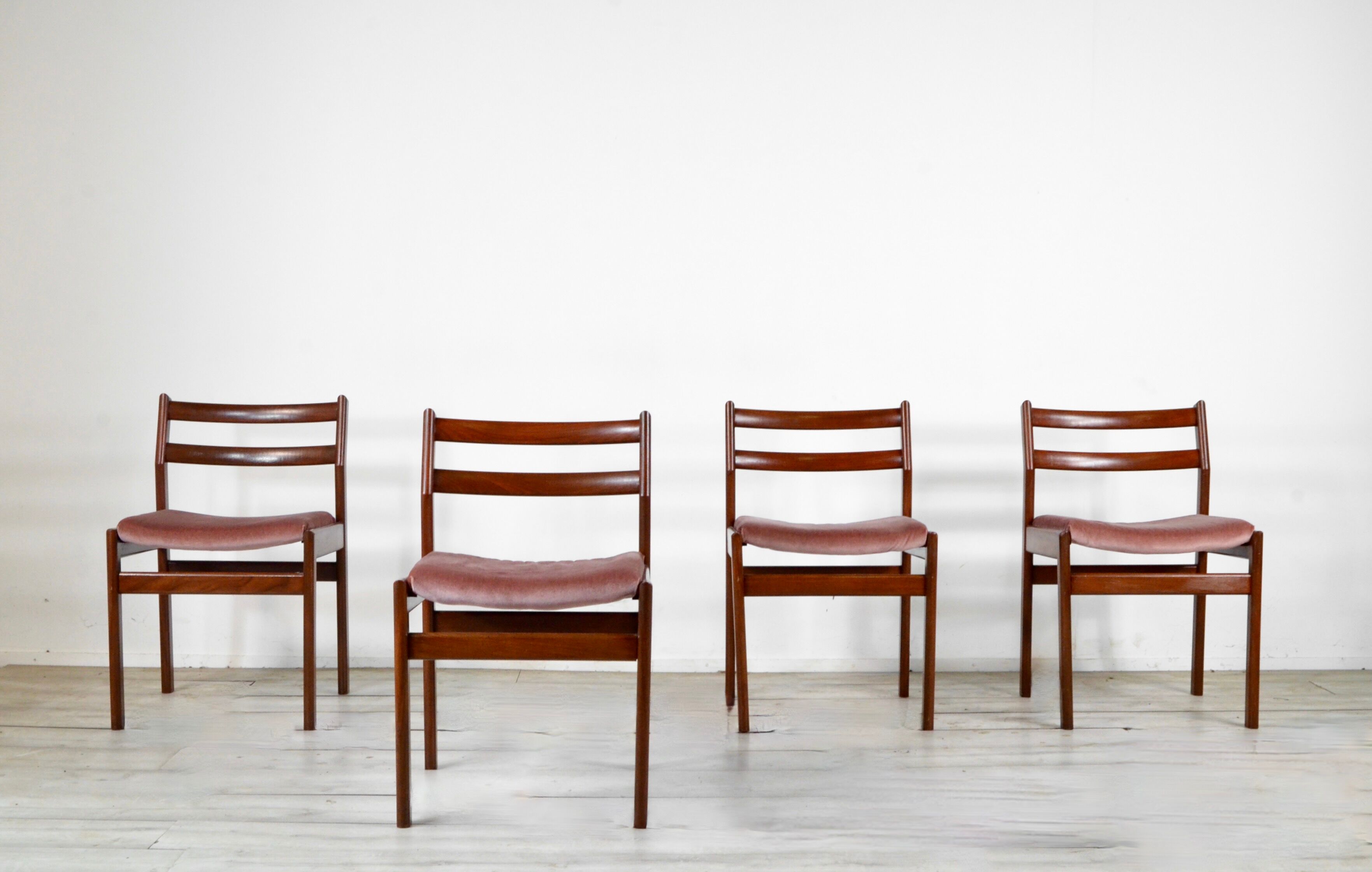 Set of 4 Midcentury Teak and Velvet Chairs by White and Newton