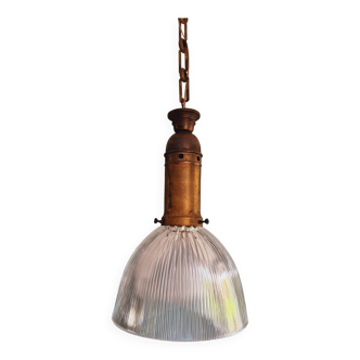 Holophane pendant lamp in grooved glass and brass, 1920s-30s