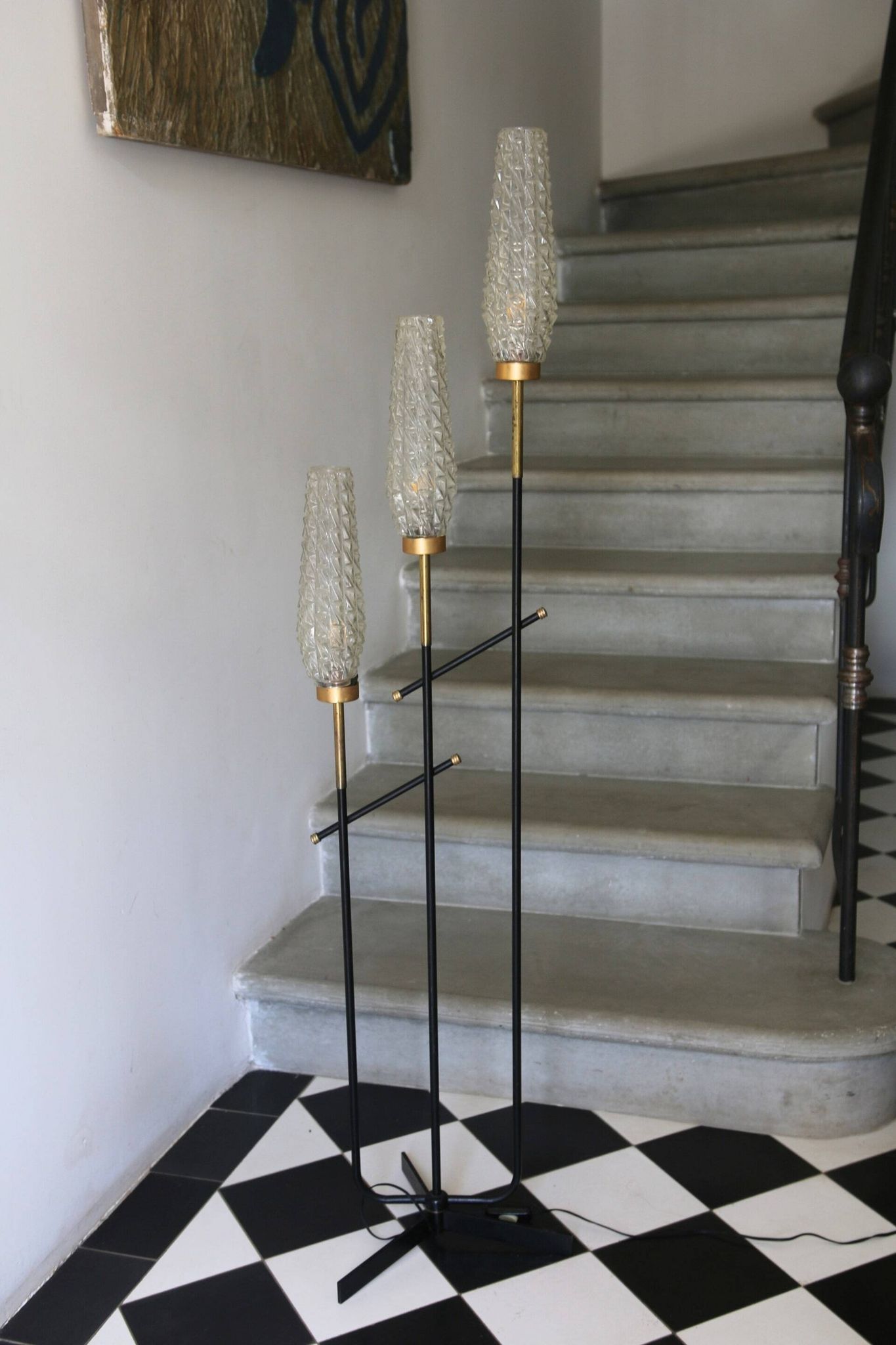 Vintage 3-light floor lamp, Arlus style, Art Deco spirit, 1950s.