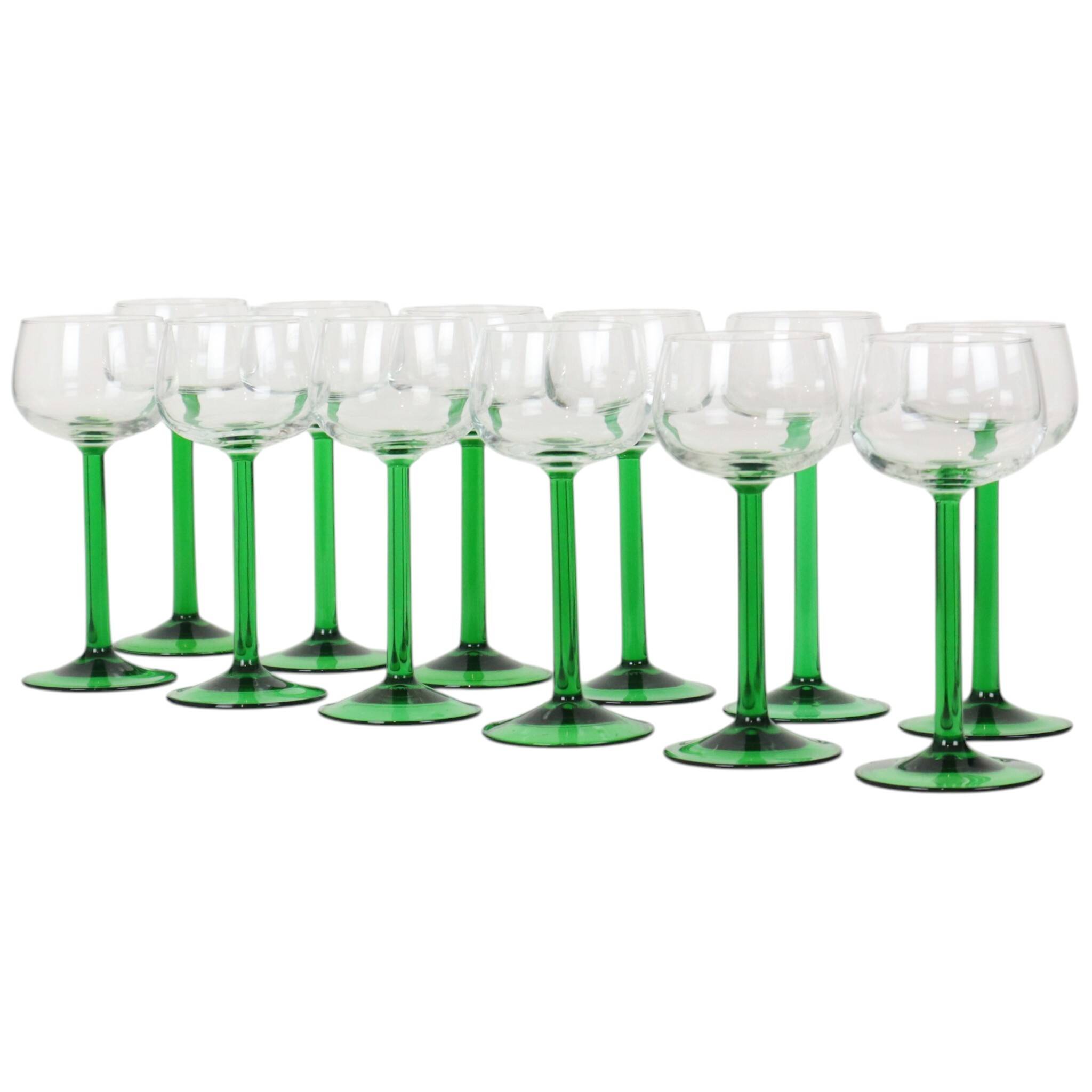 Set of 12 Vintage Luminarc Alsace Wine Glasses Thick Green Stems