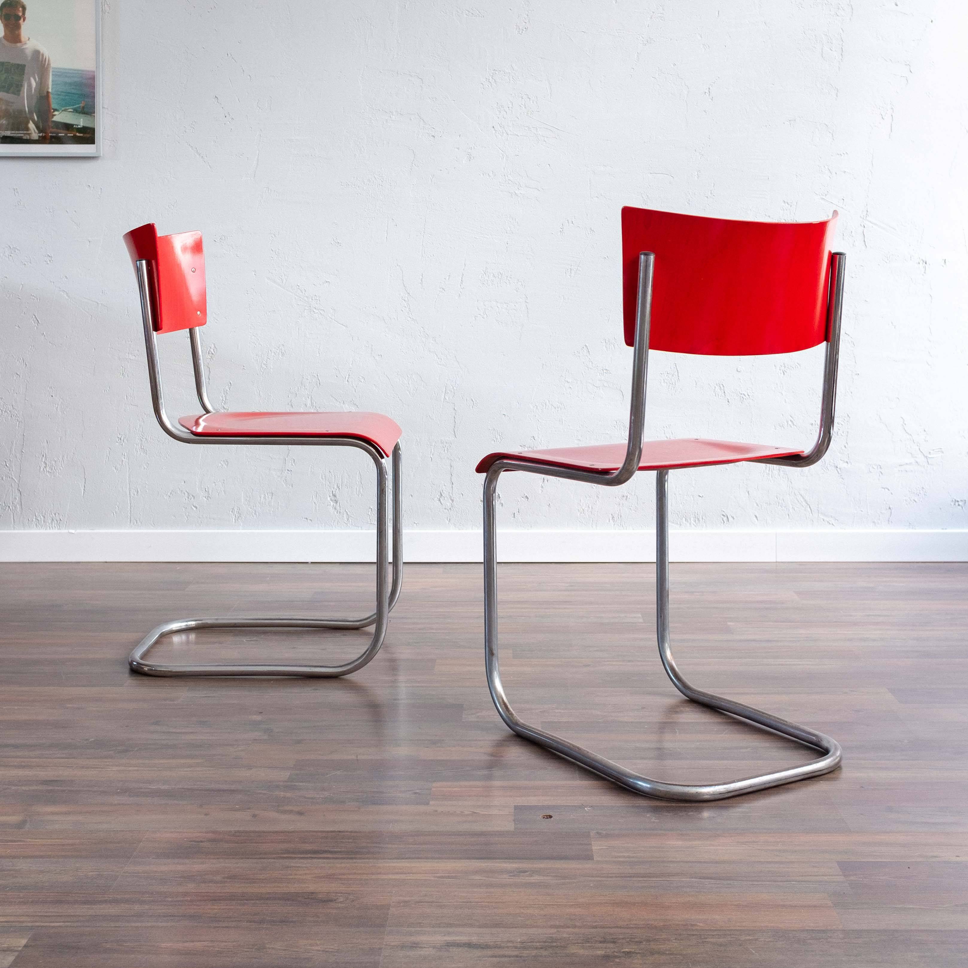 Functionalist Bauhaus Style Red Dining Chairs By Kovona, 1940s