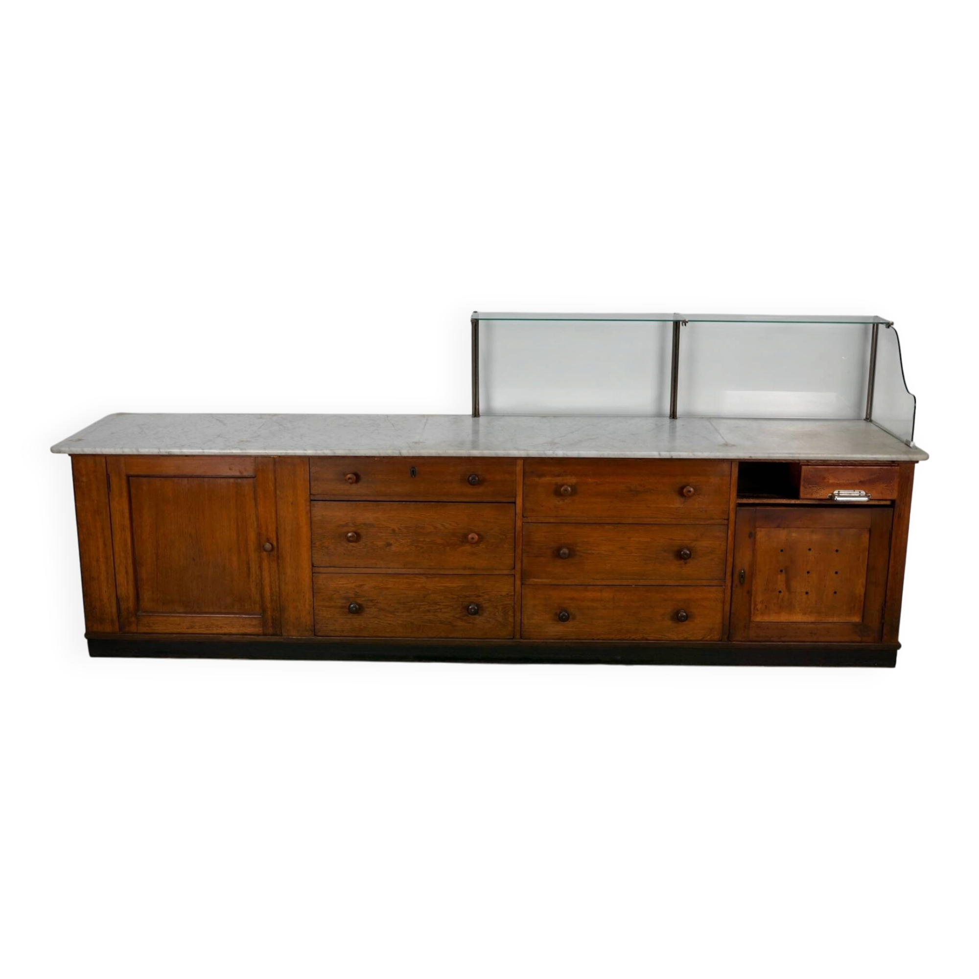 Large Antique Art Deco German Oak & Marble Chocolate Shop Counter, 1920s