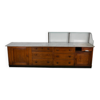 Large Antique Art Deco German Oak & Marble Chocolate Shop Counter, 1920s