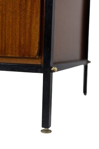 Pair of mahogany veneer and black lacquered iron cabinets. 1950s.