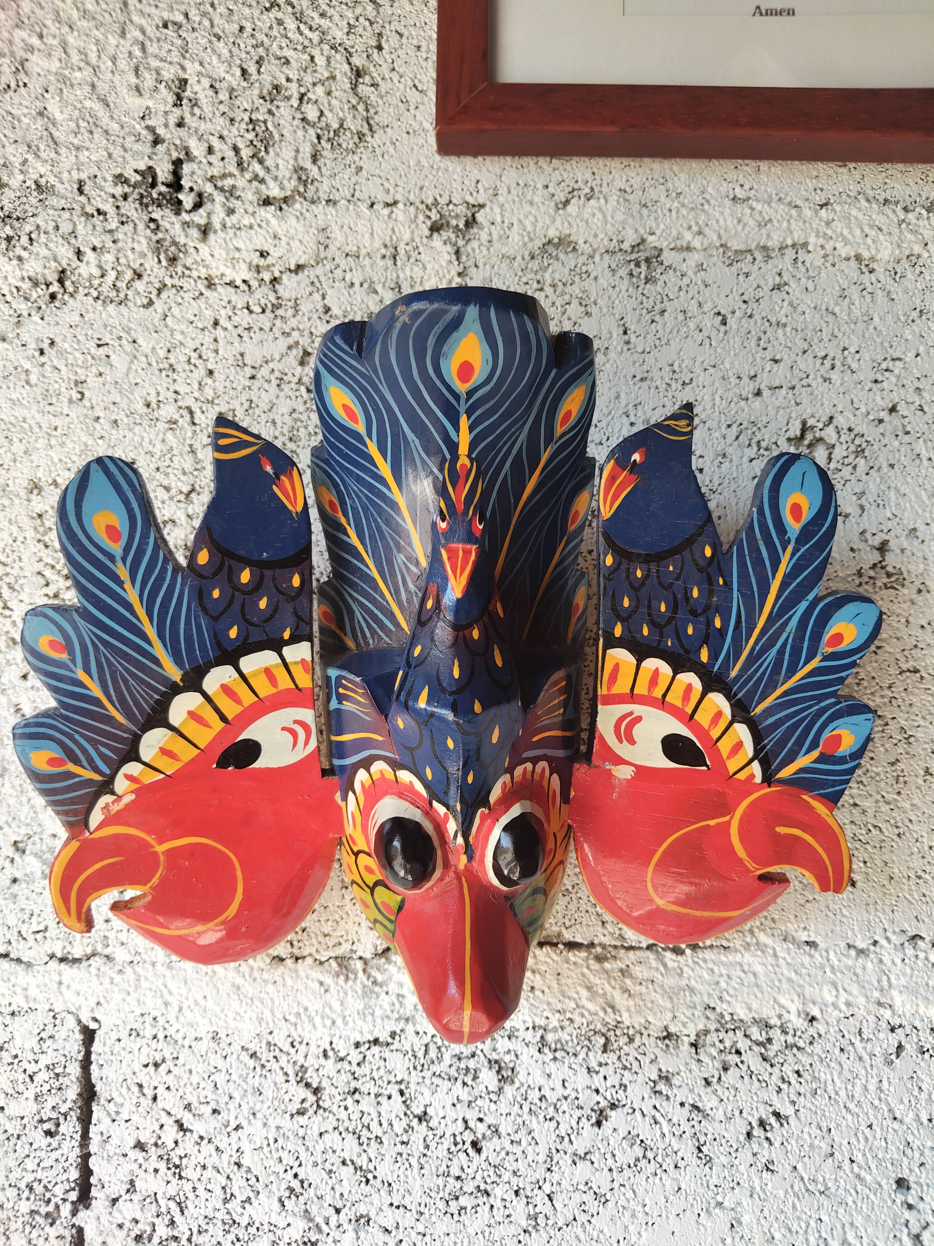 Ancient Balinese mask carved and painted – Stylised peacock – Art p